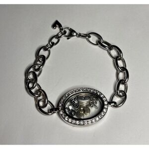 Floating Charm Memory Locket Bracelet Grandma Blue Ribbon Rhinestone